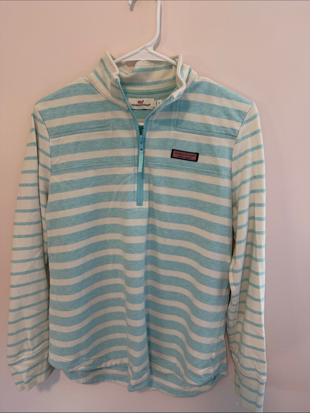 Vineyard Vines Aqua and White Striped Half-Zip Pullover